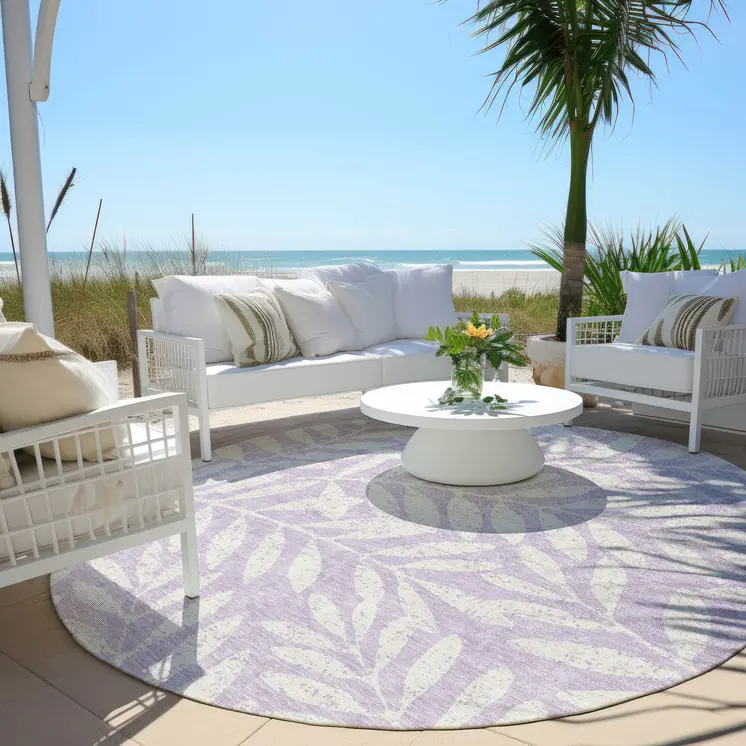 8' Lavender And Ivory Round Floral Washable Indoor Outdoor Area Rug