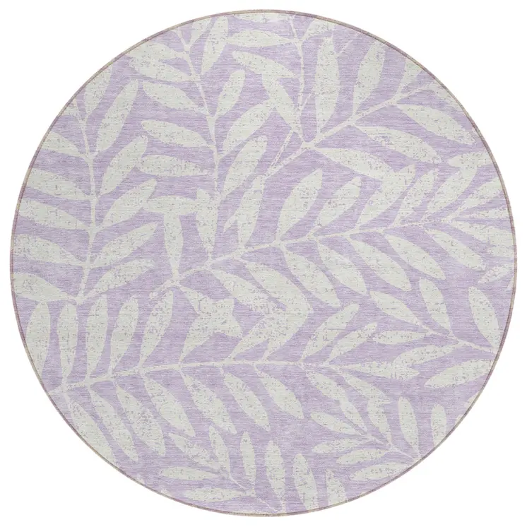 8' Lavender And Ivory Round Floral Washable Indoor Outdoor Area Rug