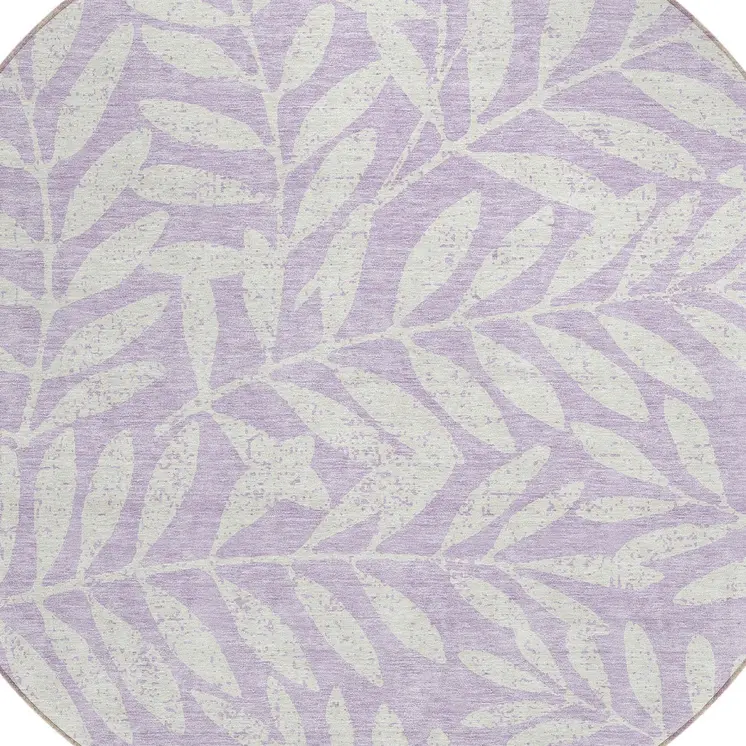 8' Lavender And Ivory Round Floral Washable Indoor Outdoor Area Rug