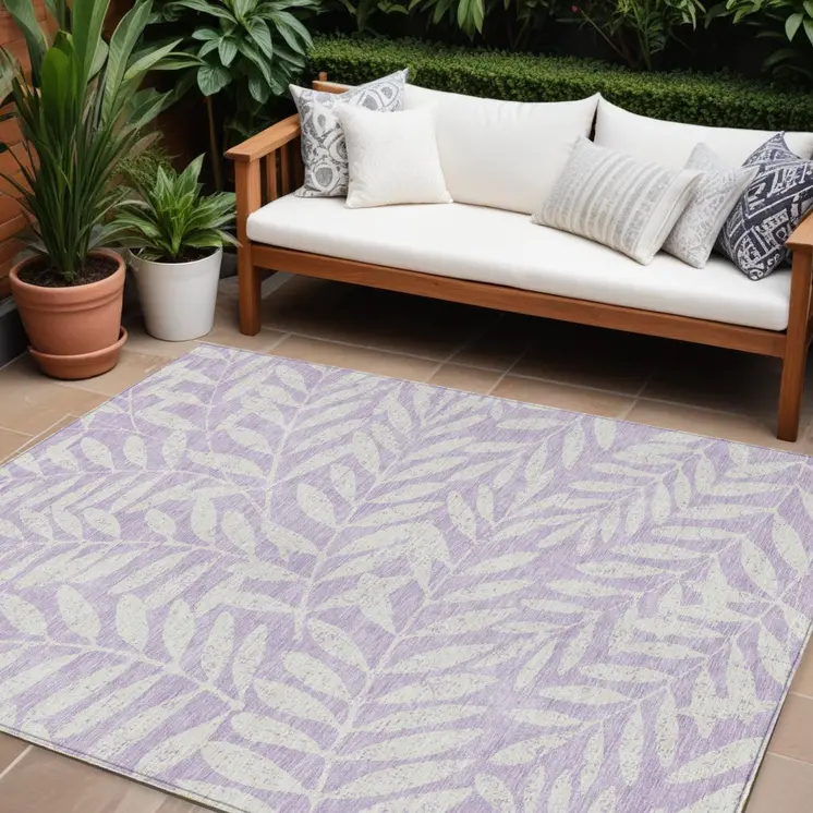 10' X 14' Lavender And Ivory Floral Washable Indoor Outdoor Area Rug