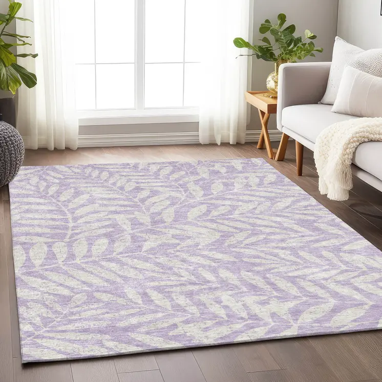 10' X 14' Lavender And Ivory Floral Washable Indoor Outdoor Area Rug