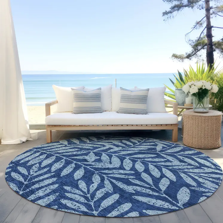 8' Navy Blue And Light Blue Round Floral Washable Indoor Outdoor Area Rug