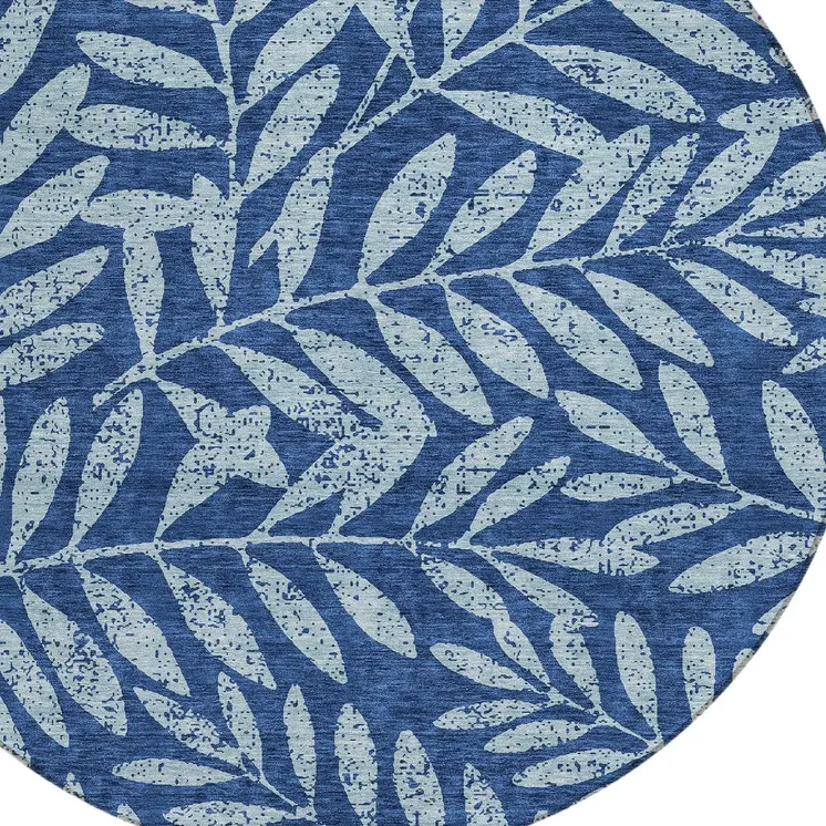 8' Navy Blue And Light Blue Round Floral Washable Indoor Outdoor Area Rug