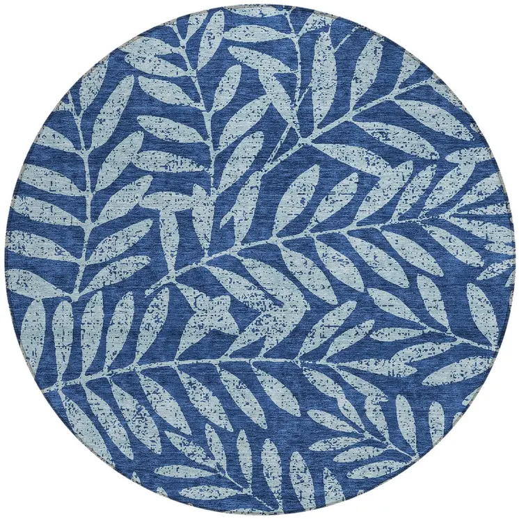 8' Navy Blue And Light Blue Round Floral Washable Indoor Outdoor Area Rug