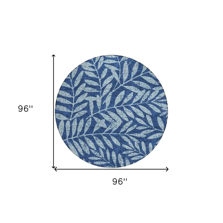 8' Navy Blue And Light Blue Round Floral Washable Indoor Outdoor Area Rug