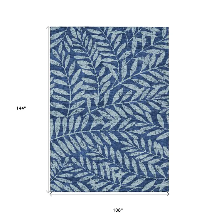9' X 12' Navy Blue And Light Blue Floral Washable Indoor Outdoor Area Rug