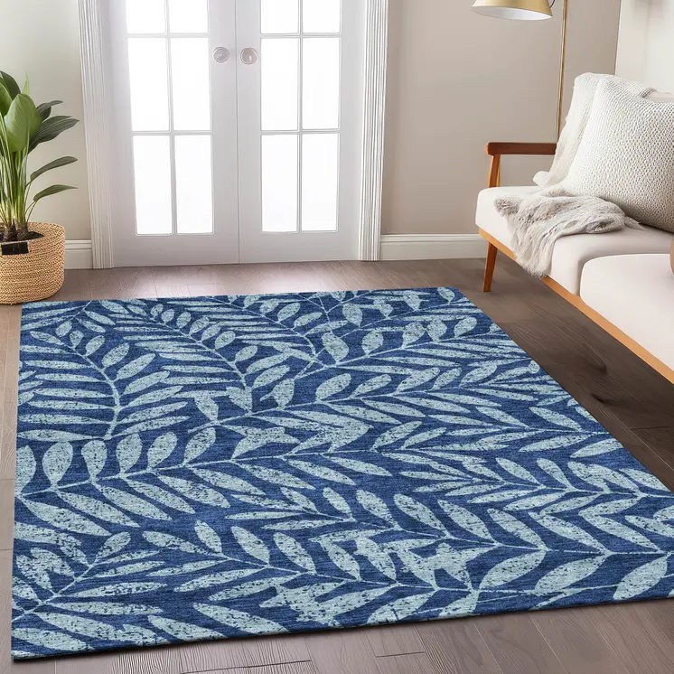 9' X 12' Navy Blue And Light Blue Floral Washable Indoor Outdoor Area Rug