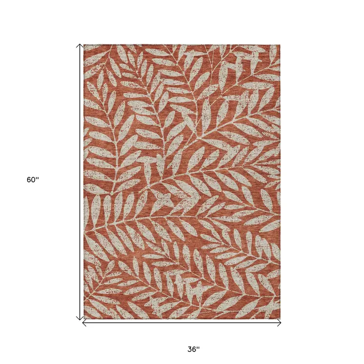 3' X 5' Orange And Ivory Floral Washable Indoor Outdoor Area Rug
