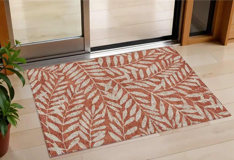 3' X 5' Orange And Ivory Floral Washable Indoor Outdoor Area Rug