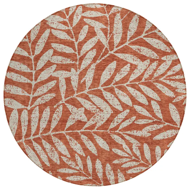 8' Orange And Ivory Round Floral Washable Indoor Outdoor Area Rug