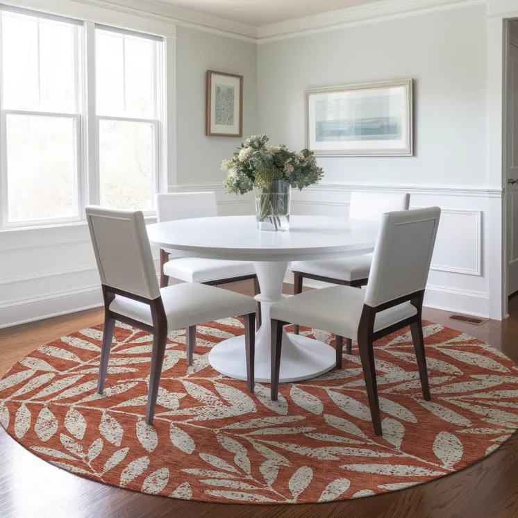 8' Orange And Ivory Round Floral Washable Indoor Outdoor Area Rug