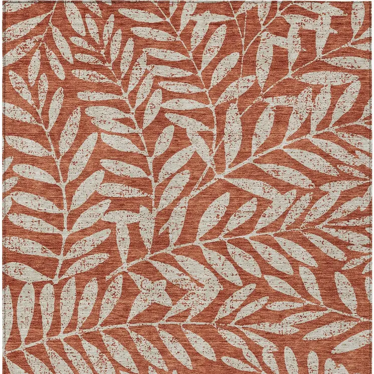 9' X 12' Orange And Ivory Floral Washable Indoor Outdoor Area Rug