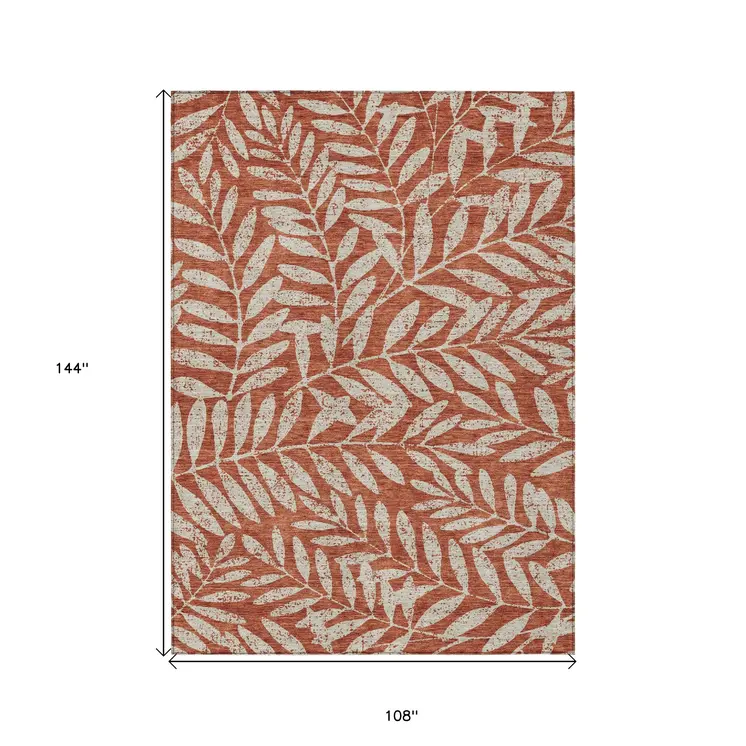 9' X 12' Orange And Ivory Floral Washable Indoor Outdoor Area Rug