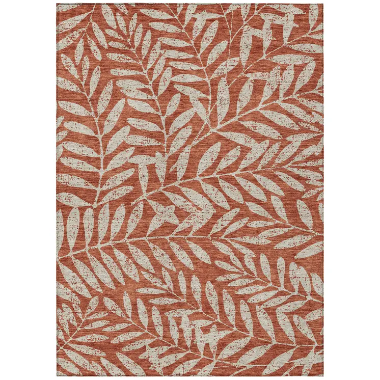 9' X 12' Orange And Ivory Floral Washable Indoor Outdoor Area Rug