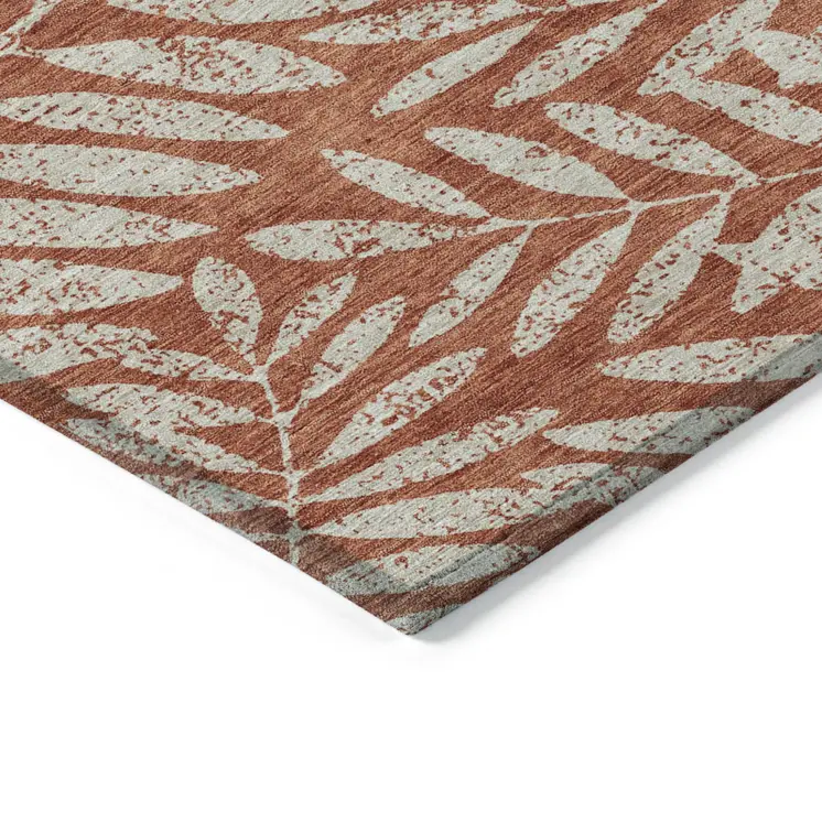 9' X 12' Orange And Ivory Floral Washable Indoor Outdoor Area Rug