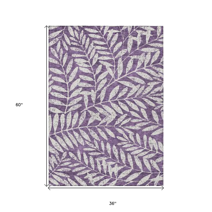 3' X 5' Purple And Ivory Floral Washable Indoor Outdoor Area Rug