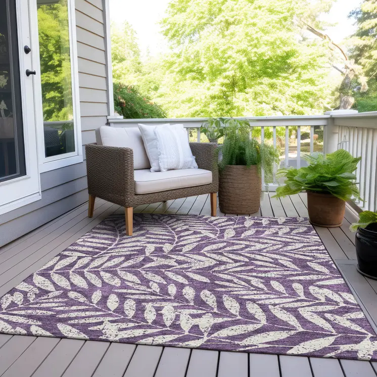 3' X 5' Purple And Ivory Floral Washable Indoor Outdoor Area Rug