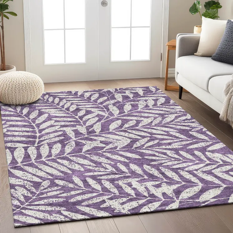 3' X 5' Purple And Ivory Floral Washable Indoor Outdoor Area Rug