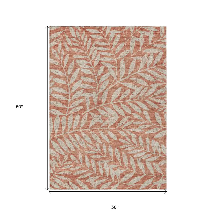 3' X 5' Salmon And Gray Floral Washable Indoor Outdoor Area Rug