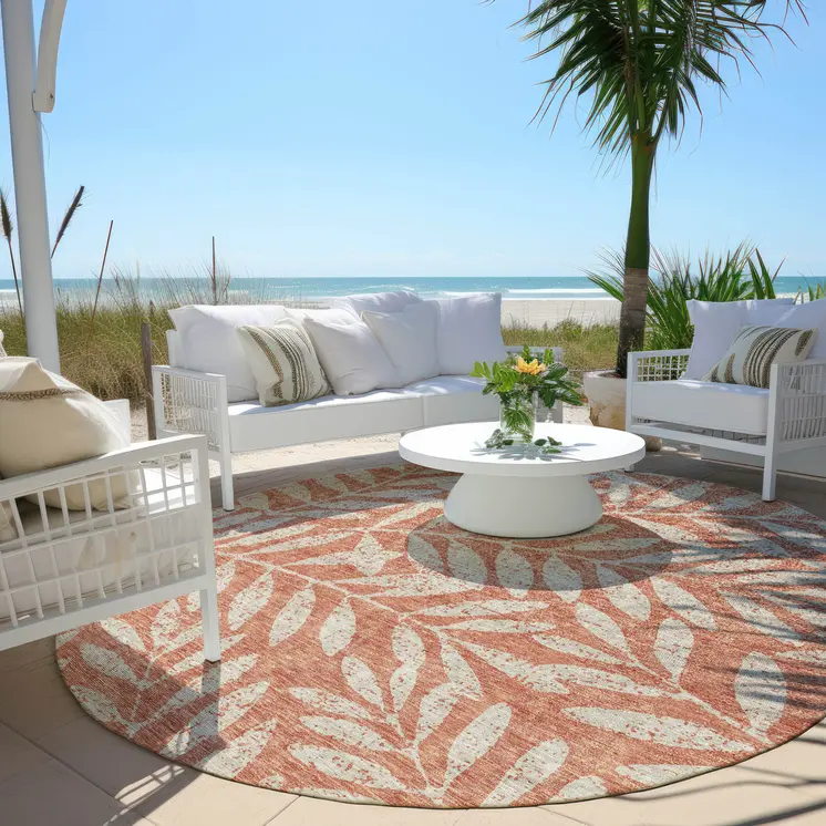 8' Salmon And Gray Round Floral Washable Indoor Outdoor Area Rug