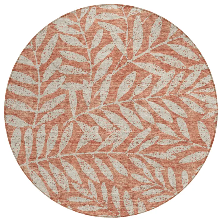 8' Salmon And Gray Round Floral Washable Indoor Outdoor Area Rug