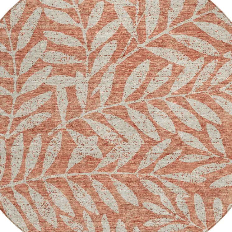8' Salmon And Gray Round Floral Washable Indoor Outdoor Area Rug