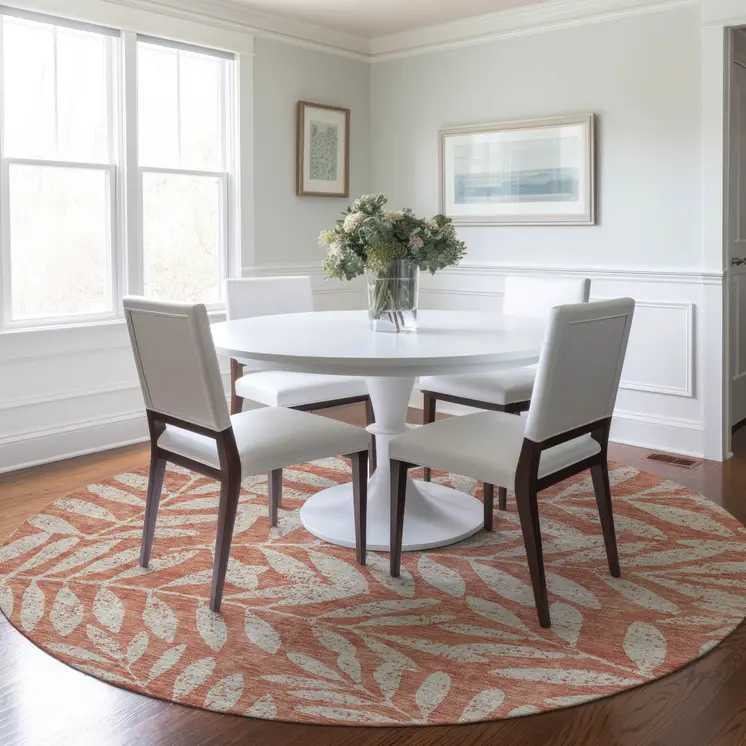 8' Salmon And Gray Round Floral Washable Indoor Outdoor Area Rug