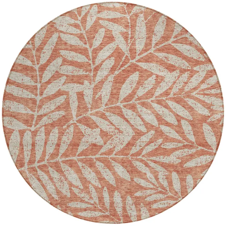8' Salmon And Gray Round Floral Washable Indoor Outdoor Area Rug