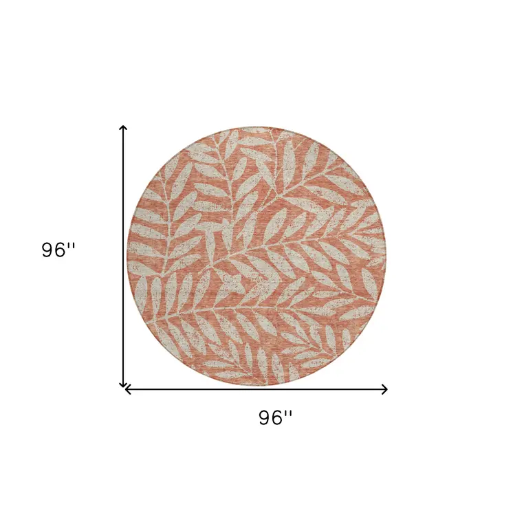 8' Salmon And Gray Round Floral Washable Indoor Outdoor Area Rug