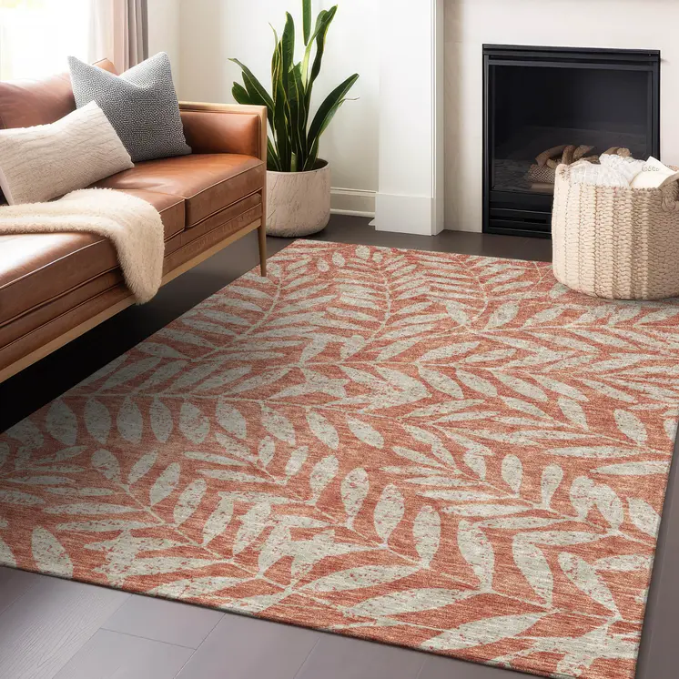 10' X 14' Salmon And Gray Floral Washable Indoor Outdoor Area Rug