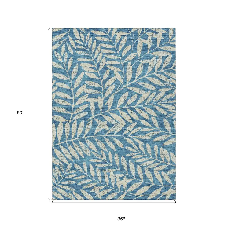 3' X 5' Teal Blue And Ivory Floral Washable Indoor Outdoor Area Rug