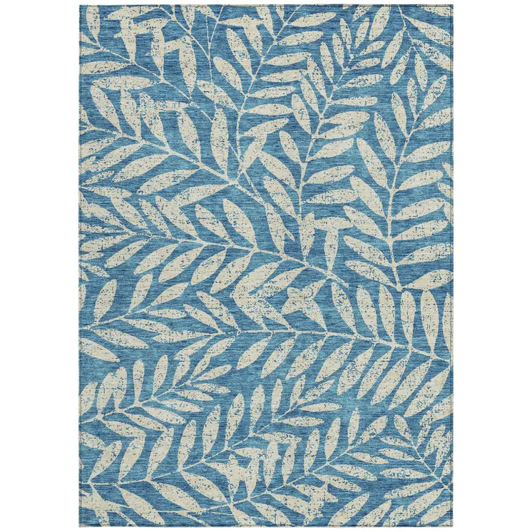 8' X 10' Teal Blue And Ivory Floral Washable Indoor Outdoor Area Rug