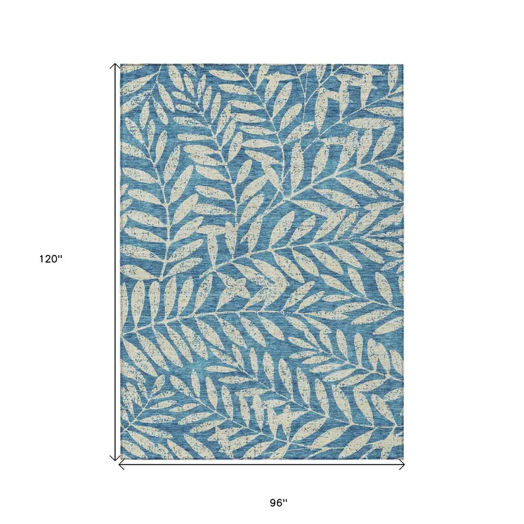 8' X 10' Teal Blue And Ivory Floral Washable Indoor Outdoor Area Rug
