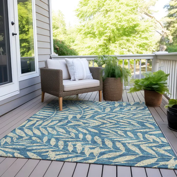 8' X 10' Teal Blue And Ivory Floral Washable Indoor Outdoor Area Rug