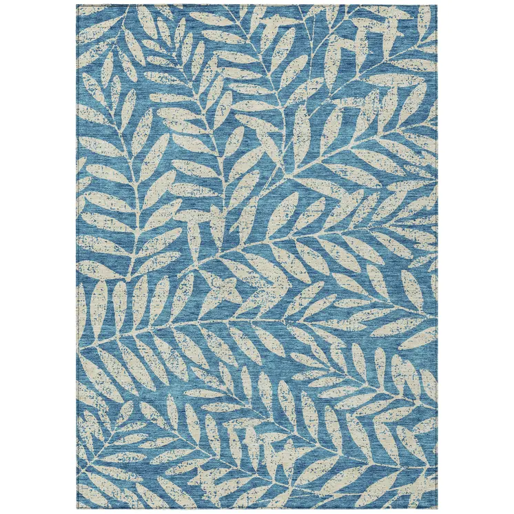 8' X 10' Teal Blue And Ivory Floral Washable Indoor Outdoor Area Rug