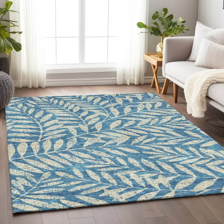 8' X 10' Teal Blue And Ivory Floral Washable Indoor Outdoor Area Rug