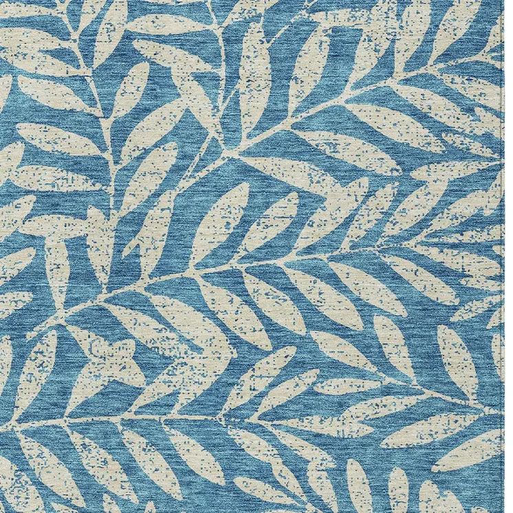 9' X 12' Teal Blue And Ivory Floral Washable Indoor Outdoor Area Rug