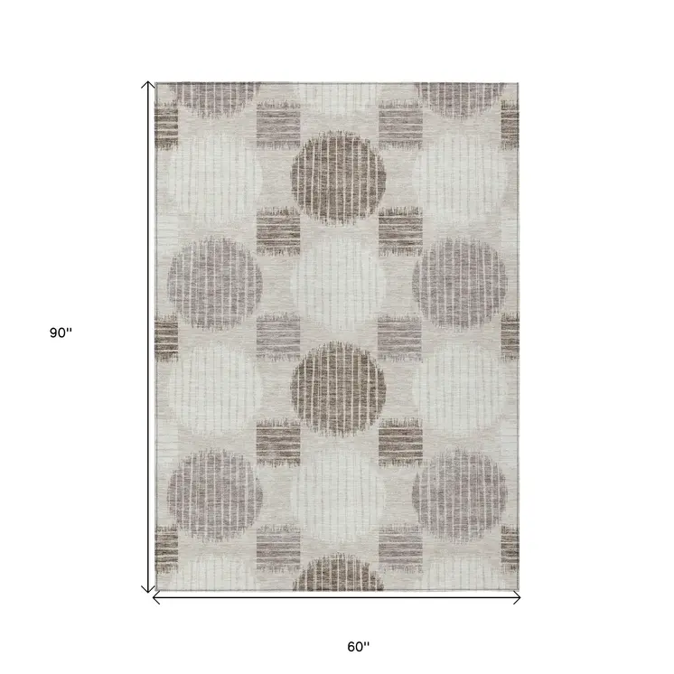 5' X 8' Beige Brown And Ivory Geometric Washable Indoor Outdoor Area Rug