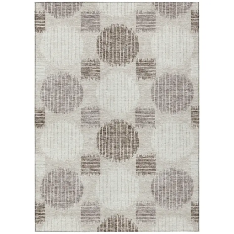 5' X 8' Beige Brown And Ivory Geometric Washable Indoor Outdoor Area Rug
