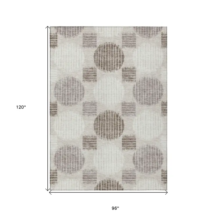 8' X 10' Beige Brown And Ivory Geometric Washable Indoor Outdoor Area Rug