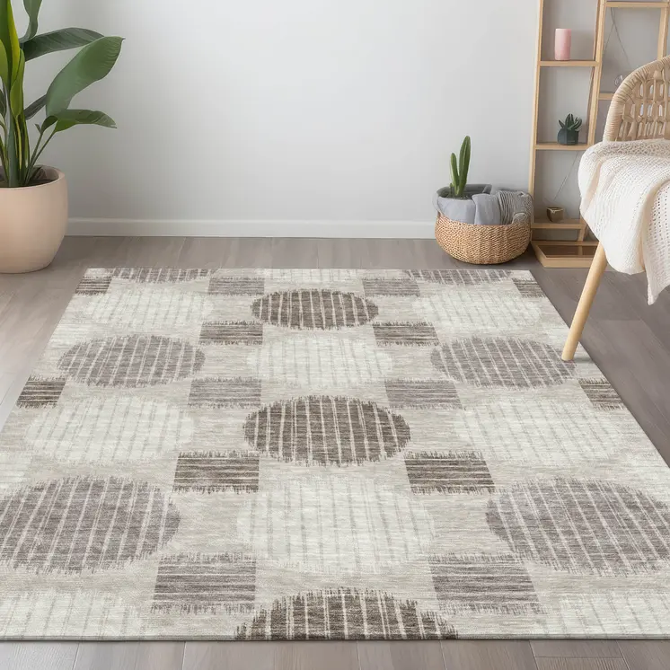 8' X 10' Beige Brown And Ivory Geometric Washable Indoor Outdoor Area Rug