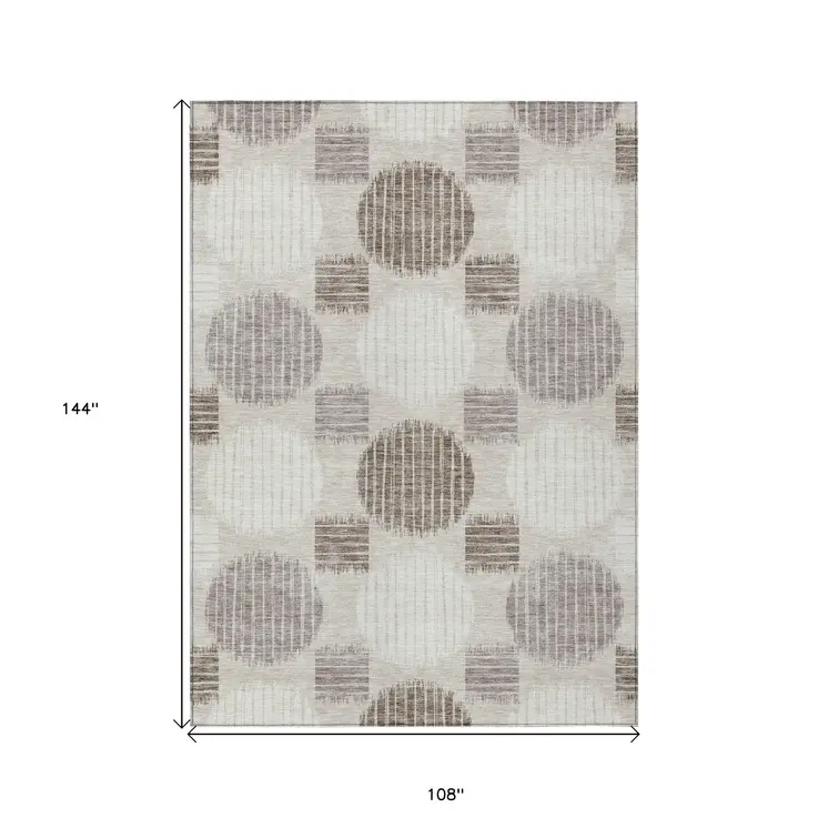 9' X 12' Beige Brown And Ivory Geometric Washable Indoor Outdoor Area Rug