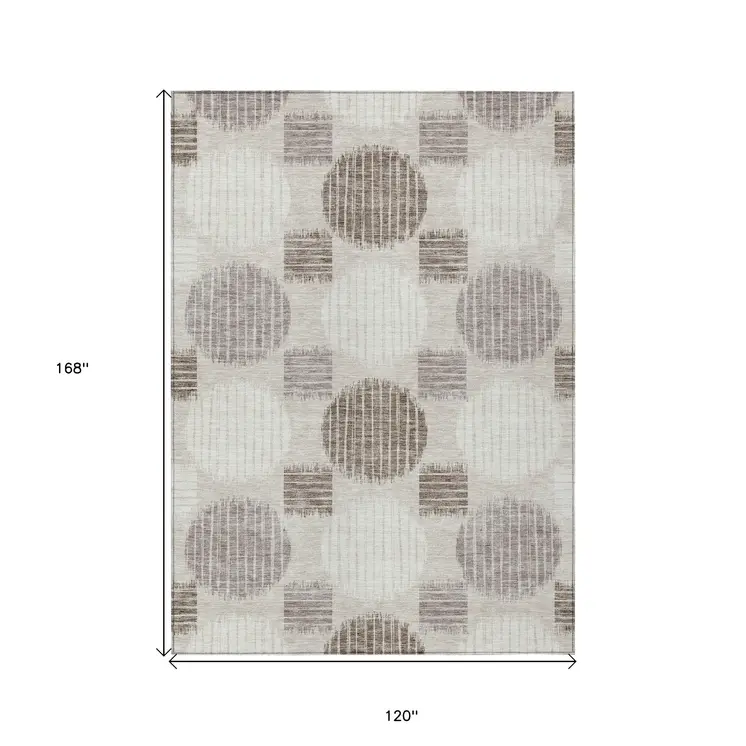 10' X 14' Beige Brown And Ivory Geometric Washable Indoor Outdoor Area Rug