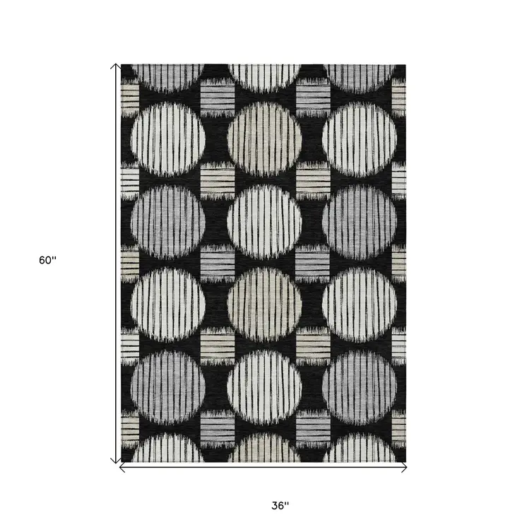 3' X 5' Black Gray And Ivory Geometric Washable Indoor Outdoor Area Rug