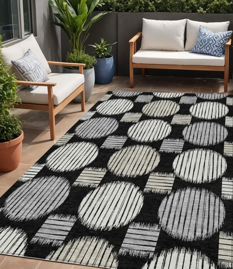 5' X 8' Black Gray And Ivory Geometric Washable Indoor Outdoor Area Rug