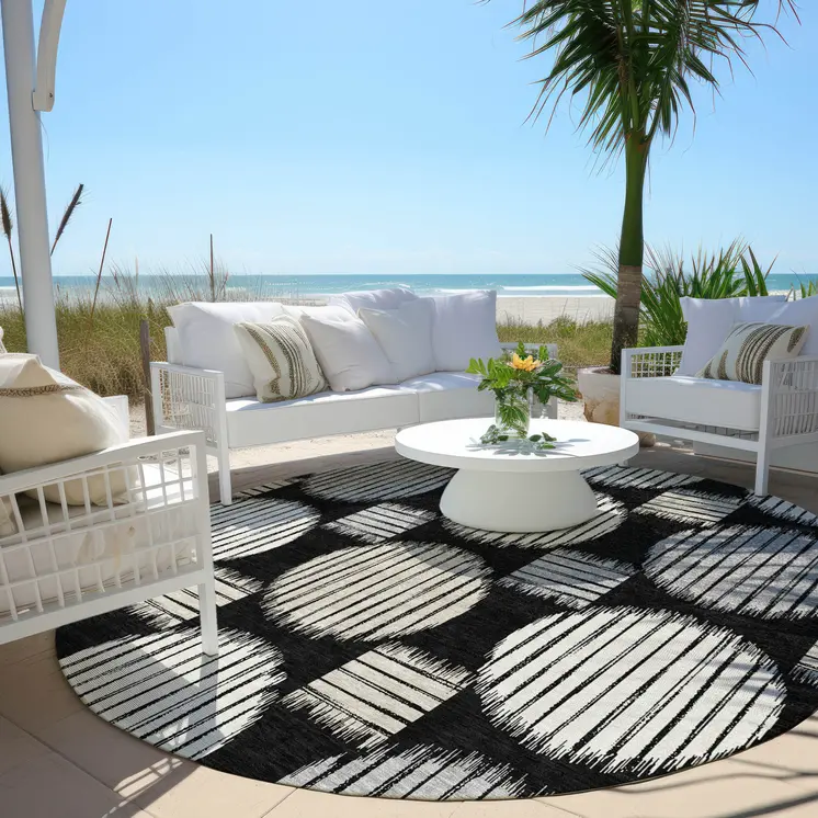 8' Black Gray And Ivory Round Geometric Washable Indoor Outdoor Area Rug