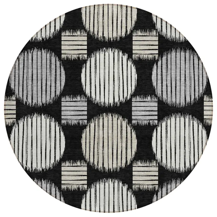 8' Black Gray And Ivory Round Geometric Washable Indoor Outdoor Area Rug
