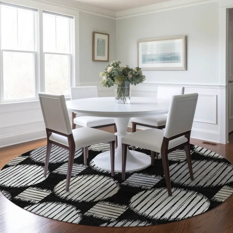 8' Black Gray And Ivory Round Geometric Washable Indoor Outdoor Area Rug