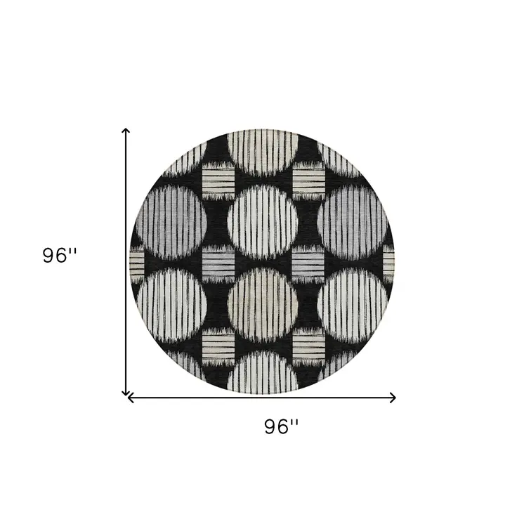 8' Black Gray And Ivory Round Geometric Washable Indoor Outdoor Area Rug
