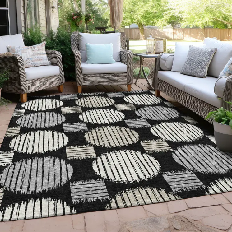 8' X 10' Black Gray And Ivory Geometric Washable Indoor Outdoor Area Rug
